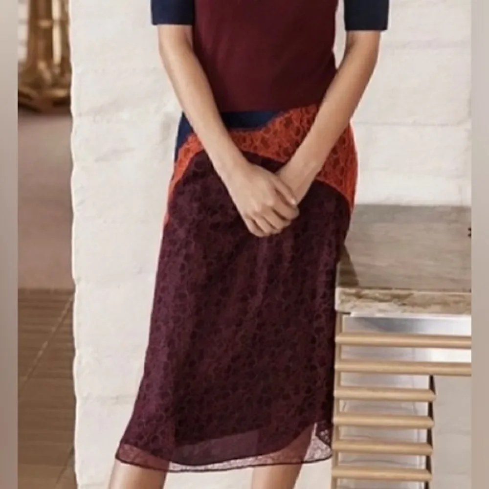 Tory Burch KAISA Blue/Cranberry/Apricot Colorblock Lace Skirt. Size 10. EUC!